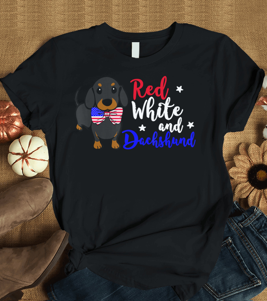 Red White and Dachshund Bow Tie Stars T-Shirt