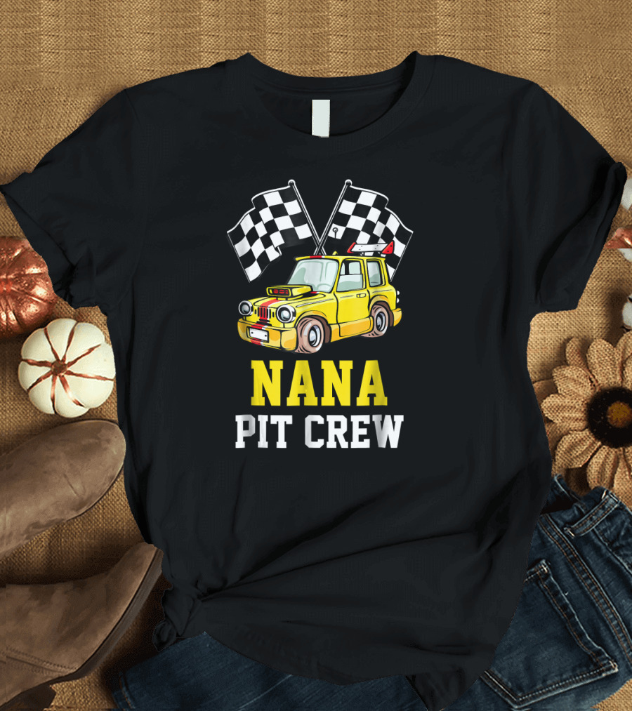 NANA Pit Crew with Checkered Flags and Yellow Race Car T-Shirt
