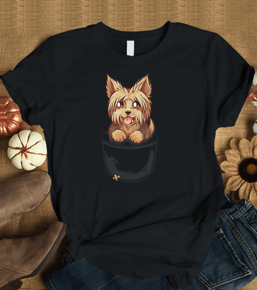 Pocket Yorkie Pup in Black Pocket Cute Yorkshire Terrier T-Shirt