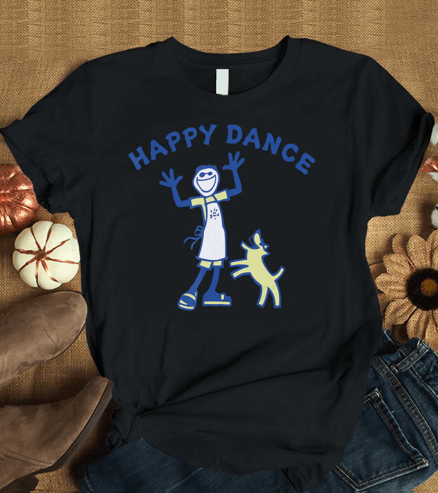 QVC Happy Dance with Cheerful Blue Figure and Playful Yellow Dog T-Shirt