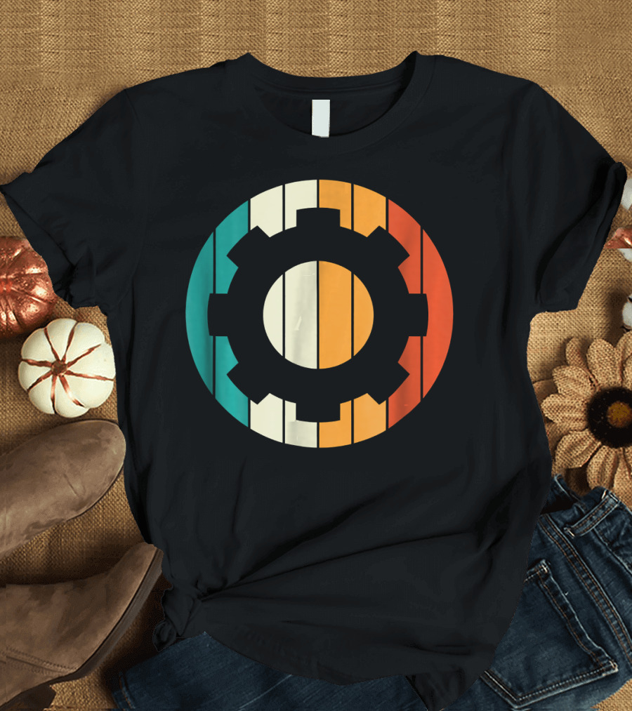 Retro Vintage Mechanical Engineering Gear Icon with Colorful Stripes T-Shirt