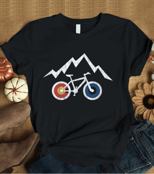 T-Shirt: RIDE COLORADO Cycling MTB Mountain Bike Red Yellow Blue Wheel T-Shirt RIDE COLORADO Cycling MTB Mountain Bike Red Yellow Blue Wheel T-Shirt