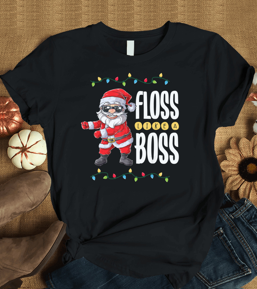 Santa Floss Like A Boss with Holiday Lights and Funky Santa T-Shirt