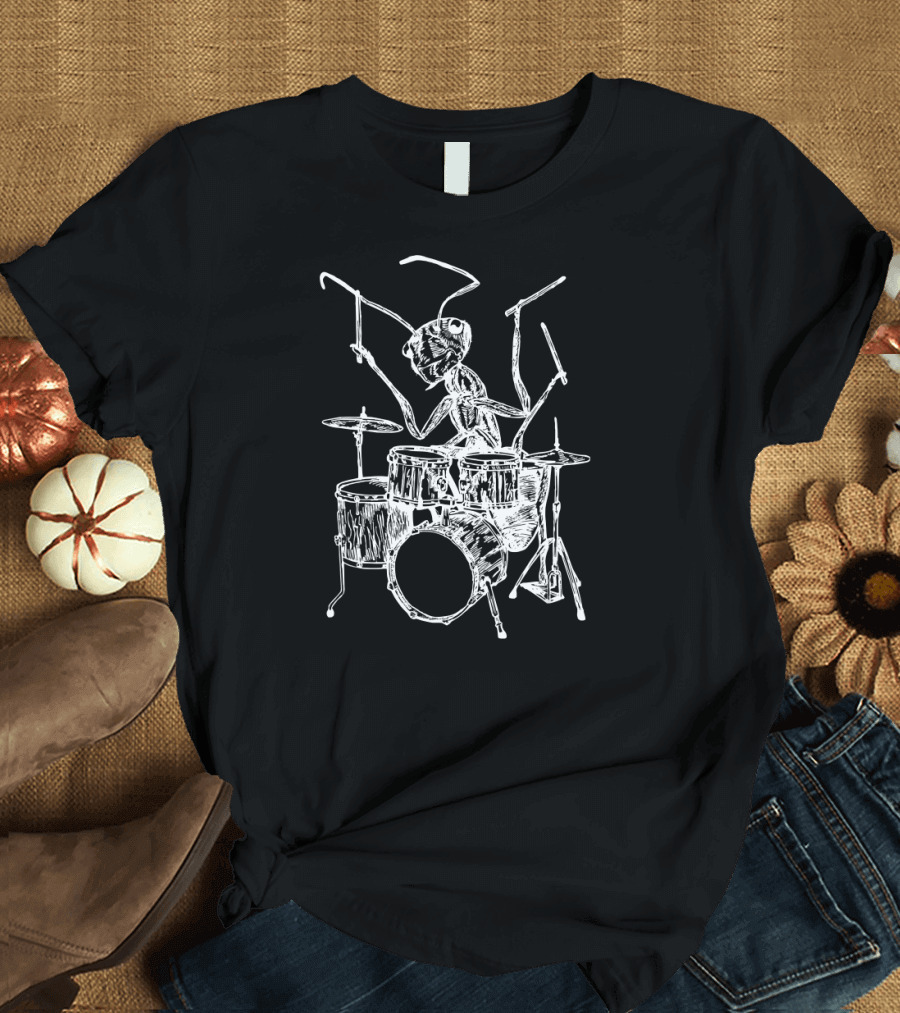SEEMBO Ant Playing Drums Drummer Drumming Black and White Sketch T-Shirt