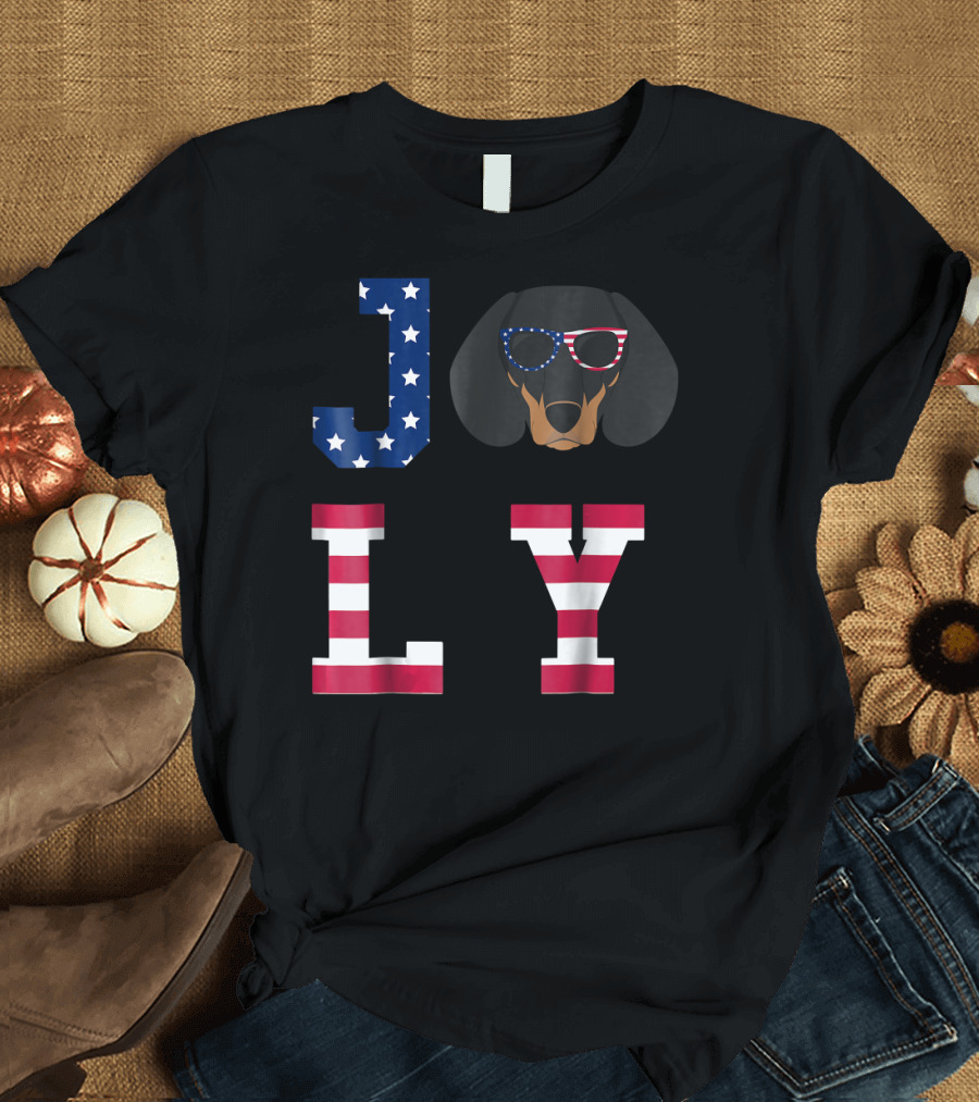 Jolly Dachshund with American Flag Sunglasses for 4th of July T-Shirt