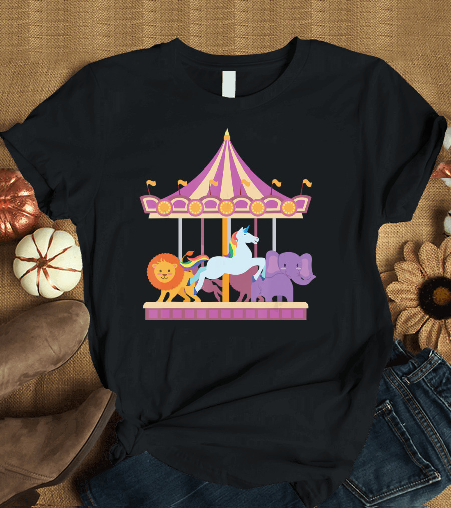 Circus Merry Go Round Carousel Lion Unicorn Elephant T-Shirt