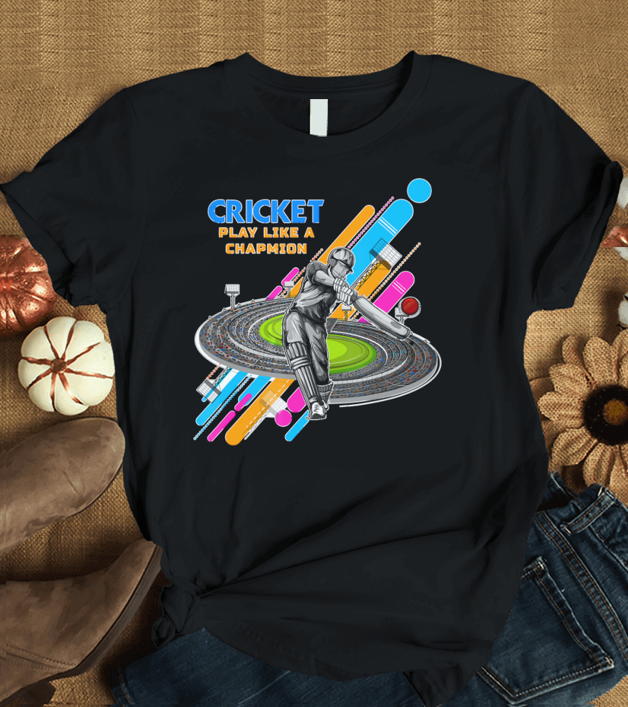 Cricket Play Like a Champion Dynamic Batter Stadium Scene T-Shirt