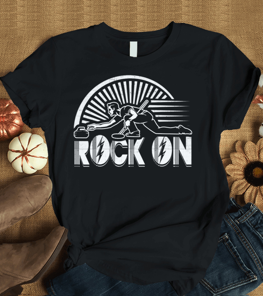 Curling Rock On Winter Sports Bonspiel Retro Lightning Bolt T-Shirt