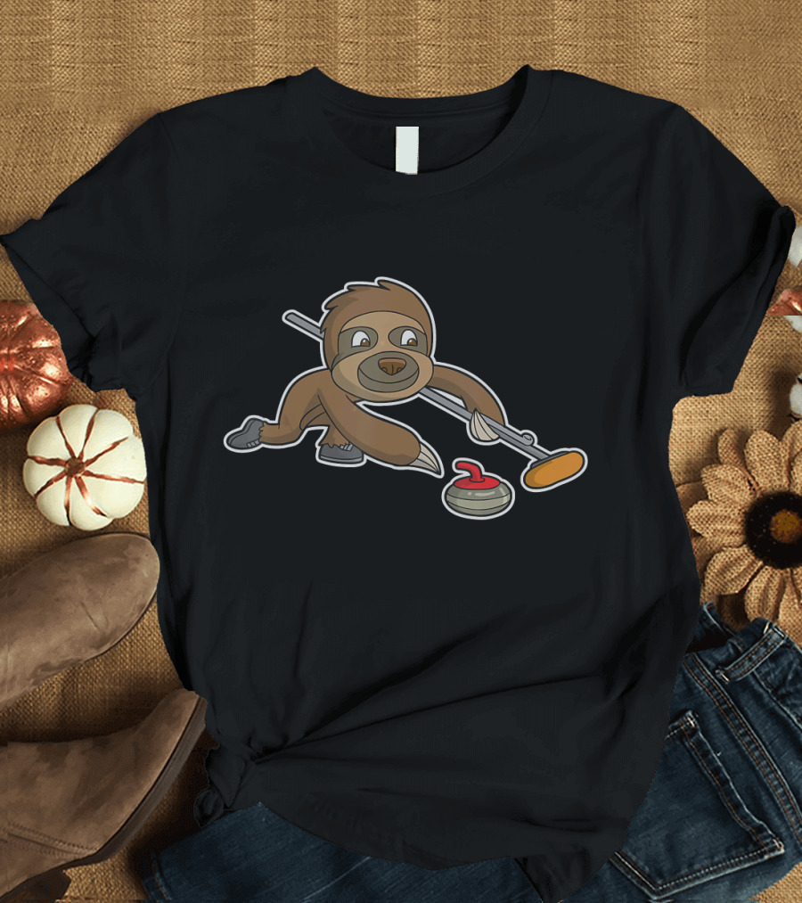 Curling Sloth Playing Curling with Stone and Broom T-Shirt