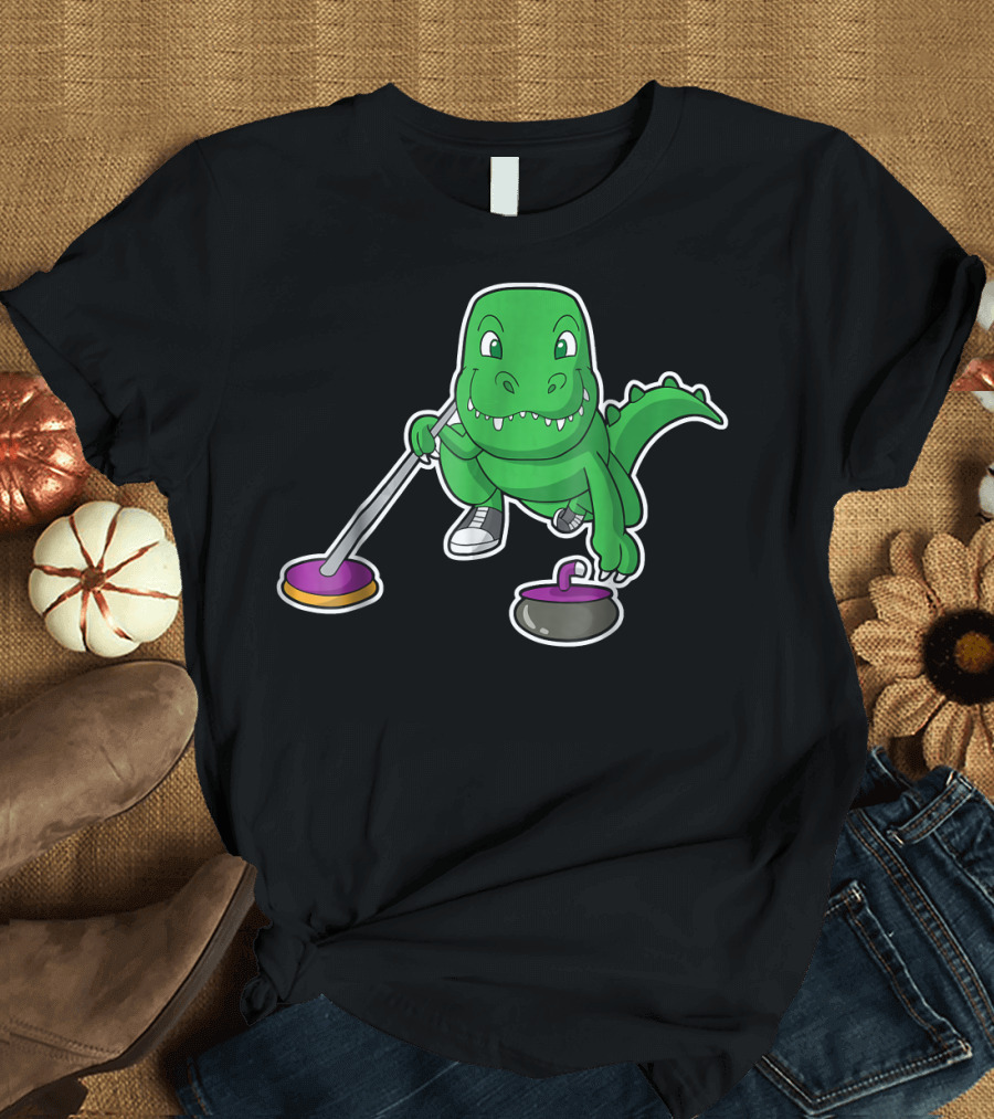 Curling Rex Dinosaur Cartoon Playing Sport T-Shirt