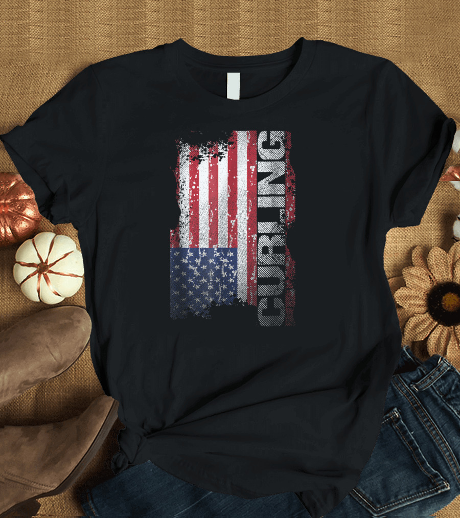Curling USA Flag Curling Sports American Pride T-Shirt