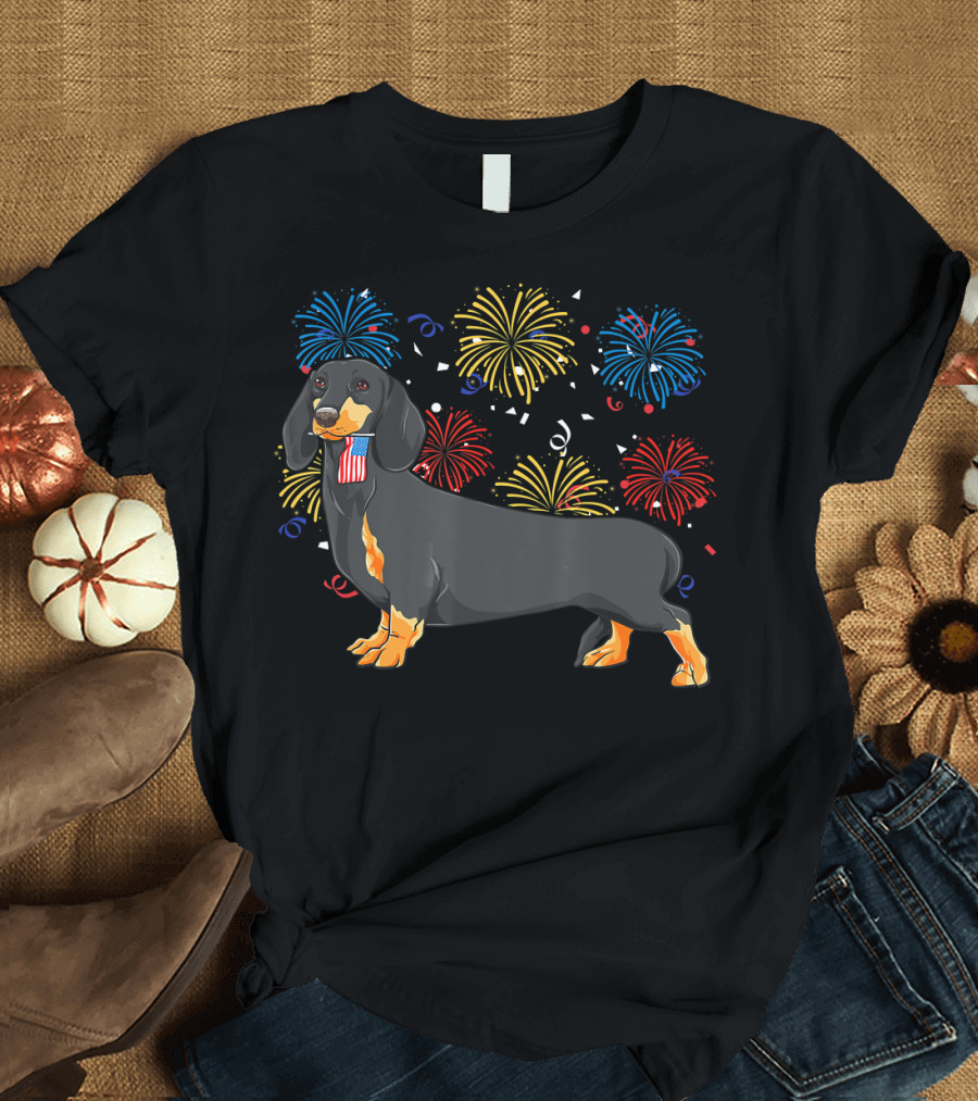Dachshund Doxie Lover Weiner Dog with Patriotic Fireworks T-Shirt