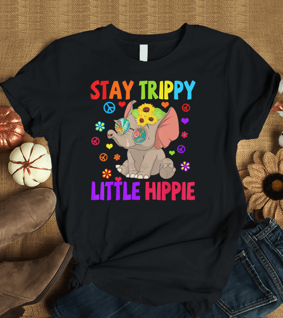 Stay Trippy Little Hippie Elephant with Peace Signs and Flowers T-Shirt