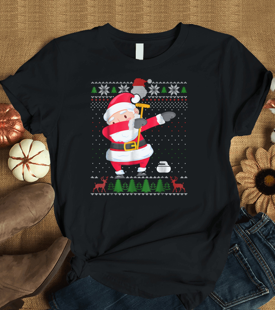 Santa Claus Dabbing with Curling Broom and Stone Holiday T-Shirt