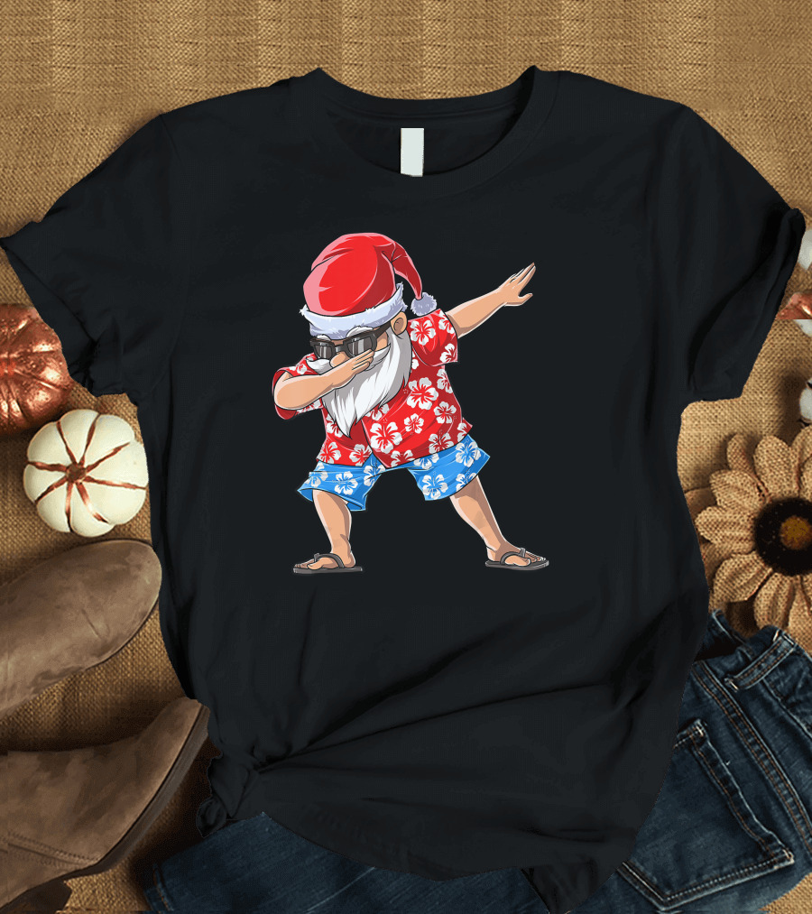 Dabbing Santa Claus Wearing Hawaiian Shirt and Sunglasses for Christmas in July T-Shirt