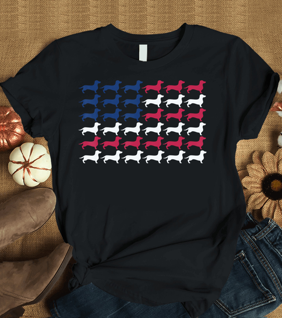 Dachshund American Flag USA Patriotic Dog Silhouette Red White Blue T-Shirt