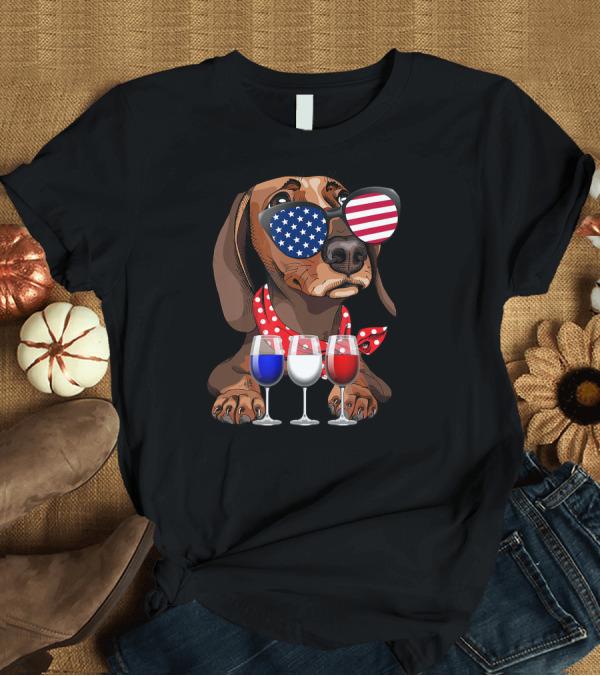 T-Shirt: Dachshund with American Flag Sunglasses and Wine Glasses for 4th of July T-Shirt Dachshund with American Flag Sunglasses and Wine Glasses for 4th of July T-Shirt