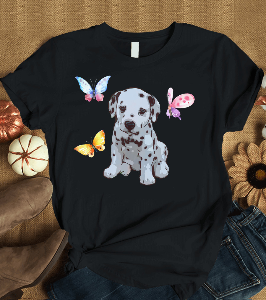 Dalmatian Puppy Surrounded by Colorful Butterflies T-Shirt