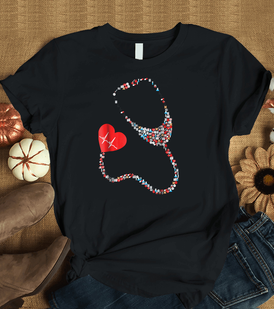 Stethoscope Heartbeat Red Medical Icons Doctor Nurse T-Shirt