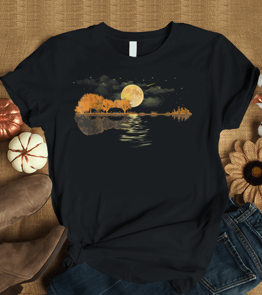 Acoustic Guitar Player Birthday Full Moon Night Landscape T-Shirt