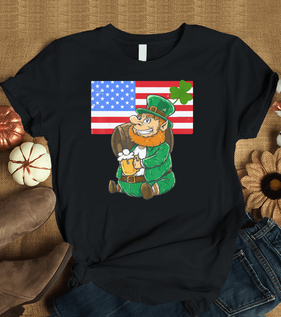 American Flag Funny St Patrick Leprechaun with Beer and Shamrock T-Shirt
