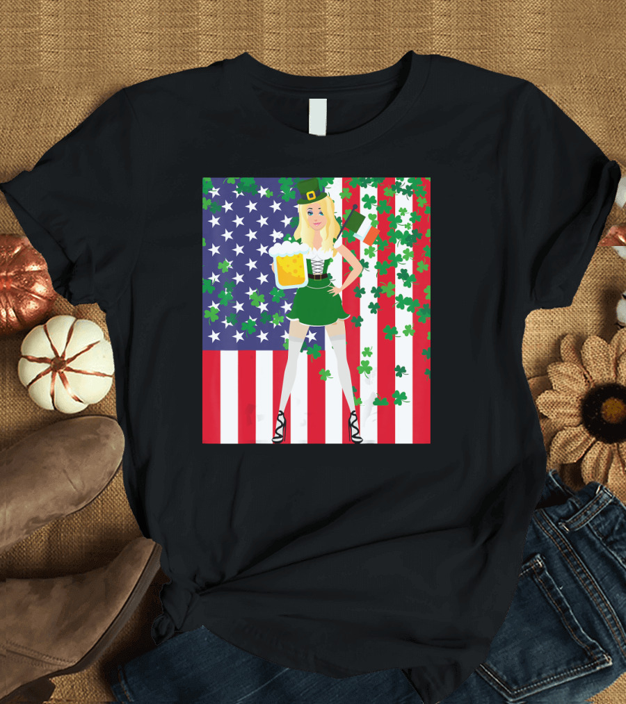 American Irish Flag St Patrick's Day Leprechaun Girl with Beer and Shamrocks T-Shirt