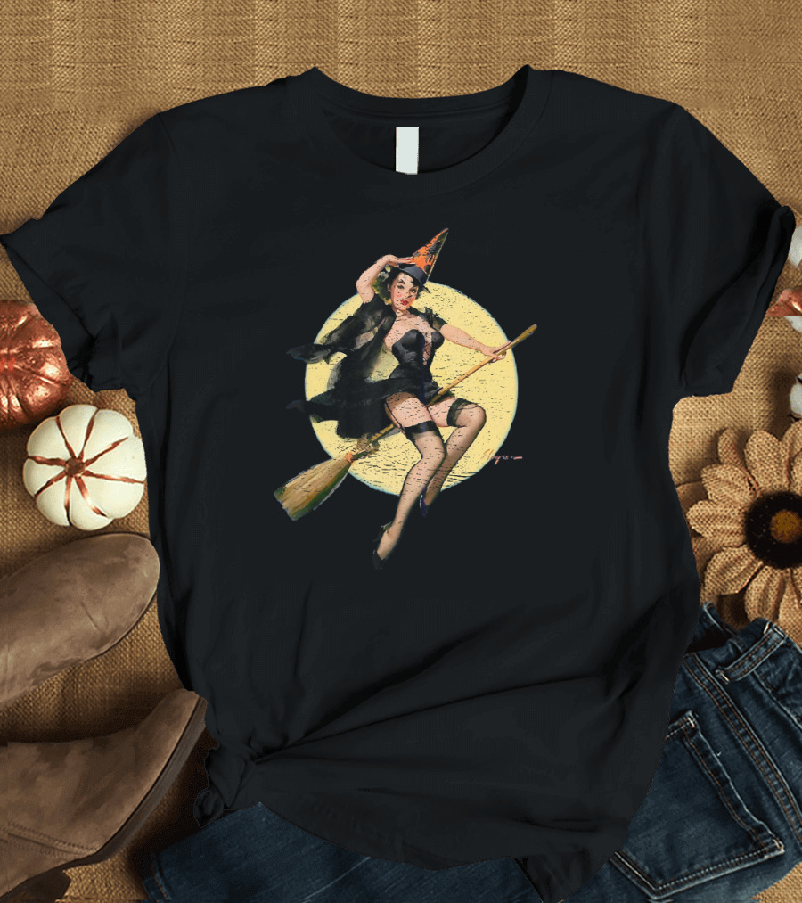Vintage Pin Up Witch on Broomstick with Full Moon Background T-Shirt