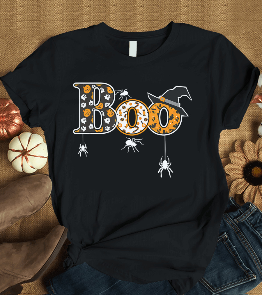 Boo Halloween Pattern with Spiders and Witch Hat T-Shirt