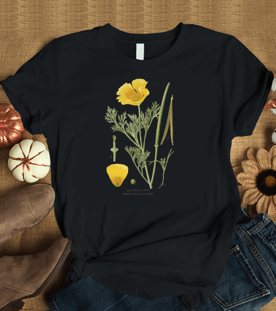 Californian Poppy Botanical Chart Eschscholzia Californica T-Shirt