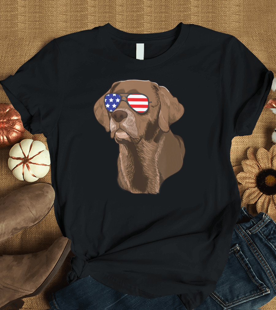 Chocolate Lab Labrador Dog American Flag Sunglasses T-Shirt
