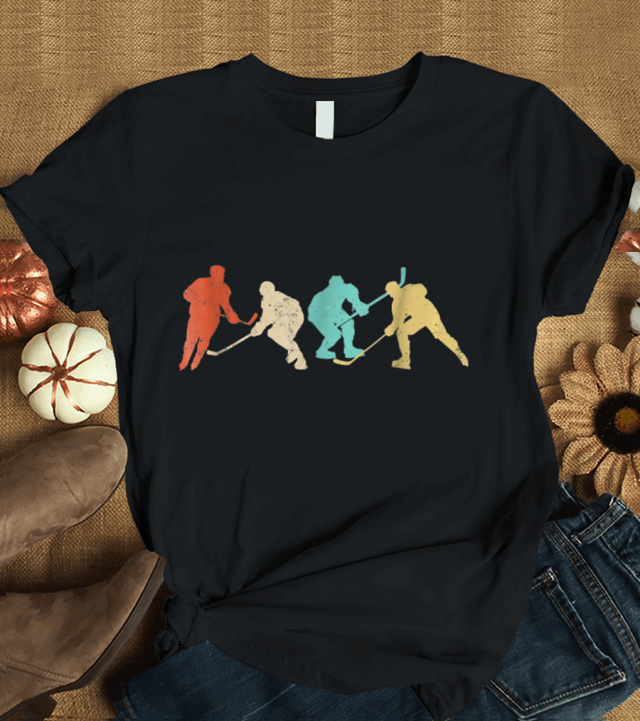 Classic Retro Vintage Style Ice Hockey Silhouettes in Red Blue Yellow T-Shirt
