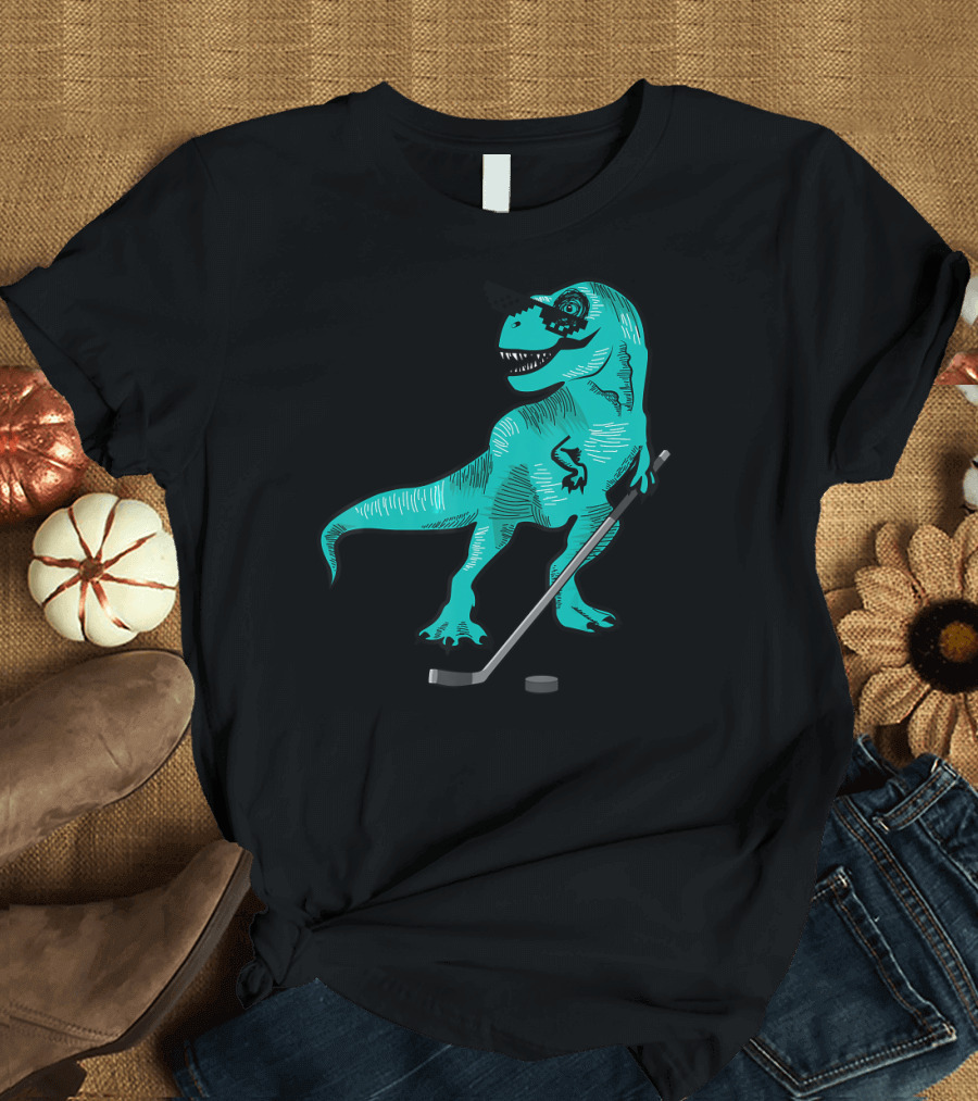 Dinosaur Hockey Stick Puck Halloween Kid T-Rex with Sunglasses T-Shirt