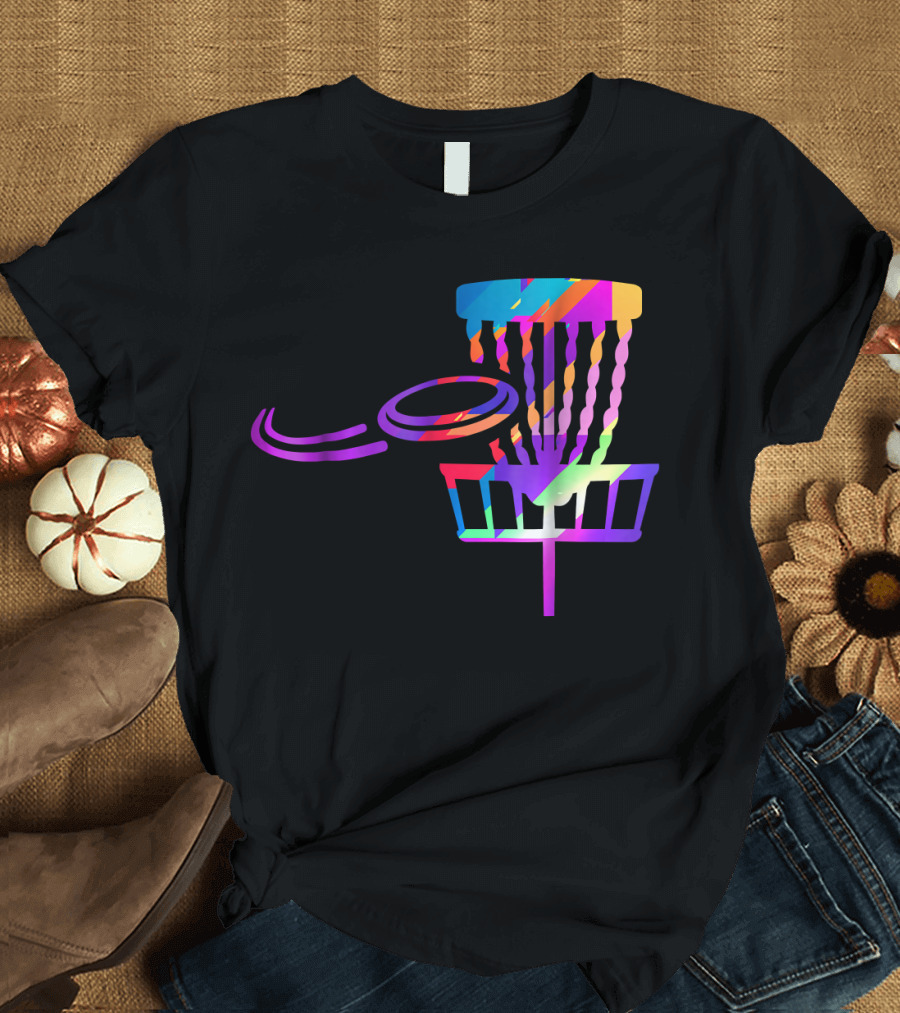 EDM Rave Disc Golf Basket and Frisbee Psychedelic Colors T-Shirt