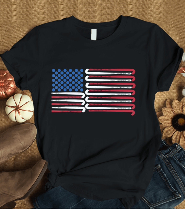 T-Shirt: Field Hockey Sticks American Flag with Blue Circles T-Shirt Field Hockey Sticks American Flag with Blue Circles T-Shirt