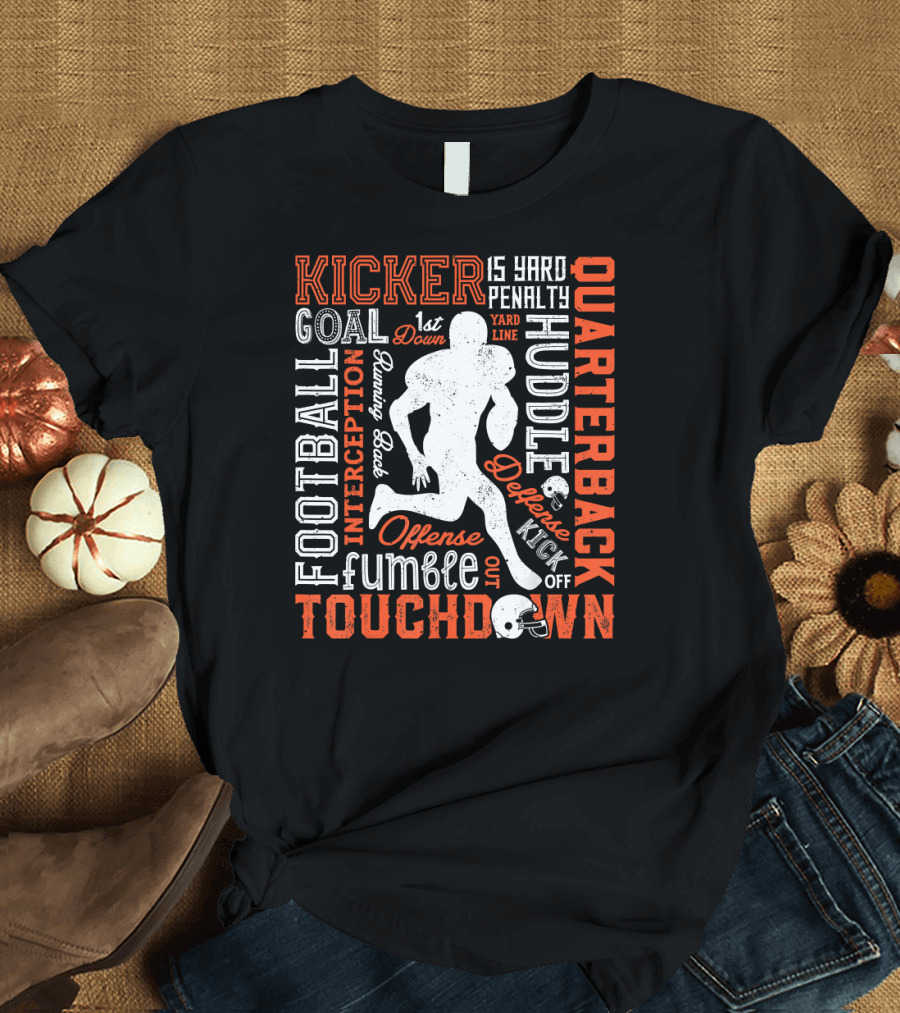 Football Quarterback Touchdown Typography Silhouette Icons T-Shirt
