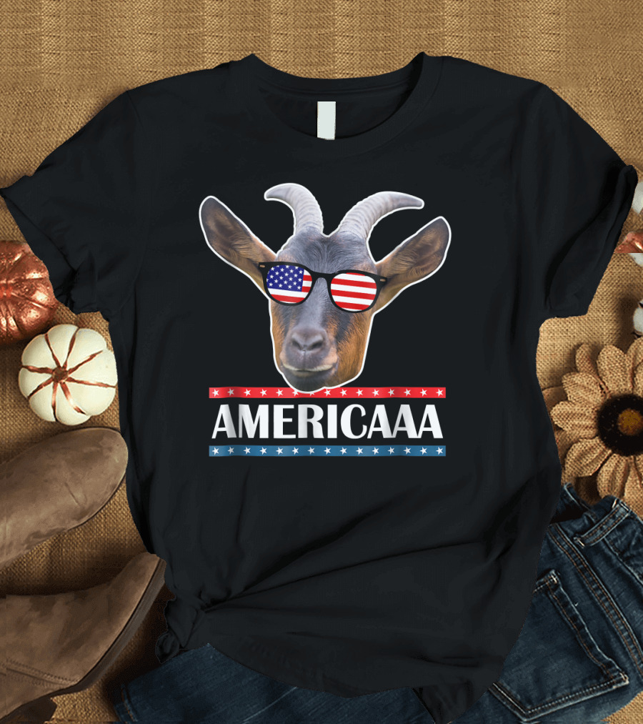 Funny 4th of July Patriotic Goat AmericAAA with Flag Sunglasses T-Shirt