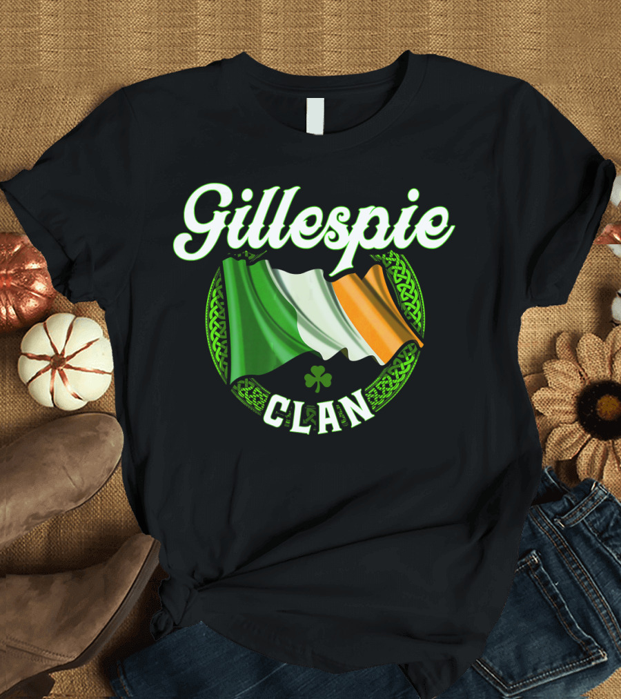 Gillespie Irish Clan Surname with Celtic Flag and Shamrock T-Shirt
