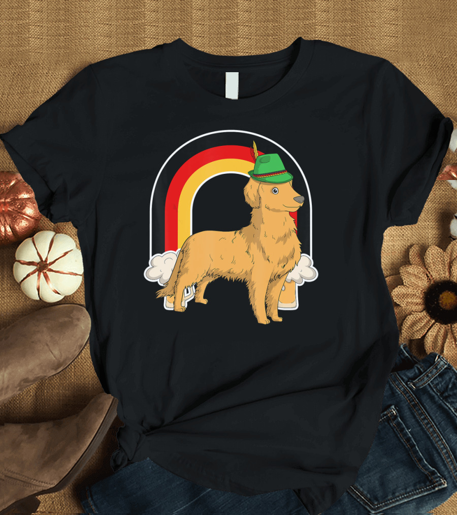Golden Retriever Dog Oktoberfest Beer Prost with Hat and Rainbow T-Shirt