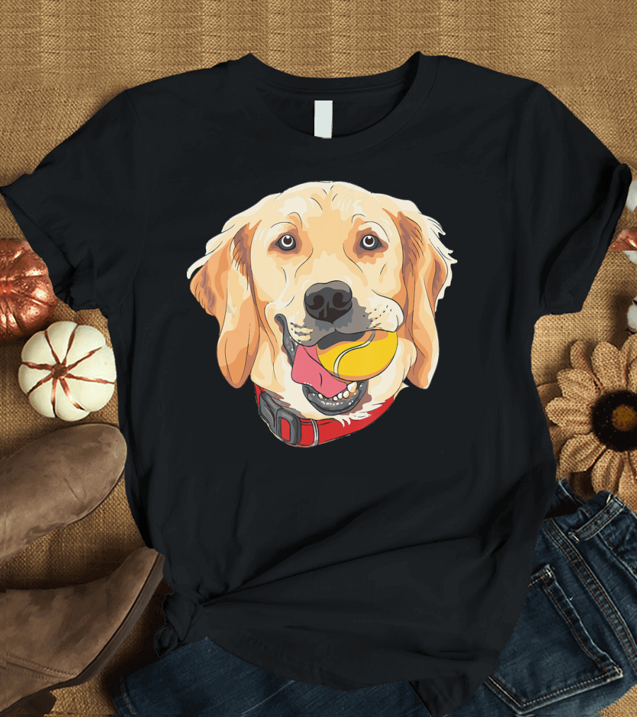 Golden Retriever Face with Tennis Ball and Red Collar T-Shirt