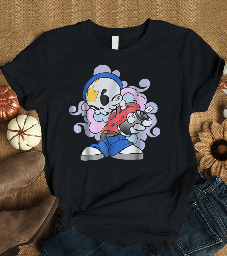 Graffiti Sprayer Old Skool 90's Hip Hop Style Skull Character T-Shirt