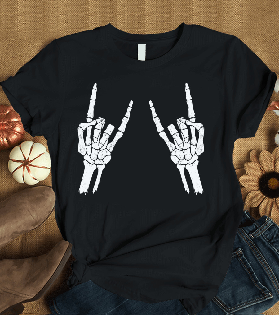 Halloween Skeleton Rocker Hand Gesture Bones T-Shirt