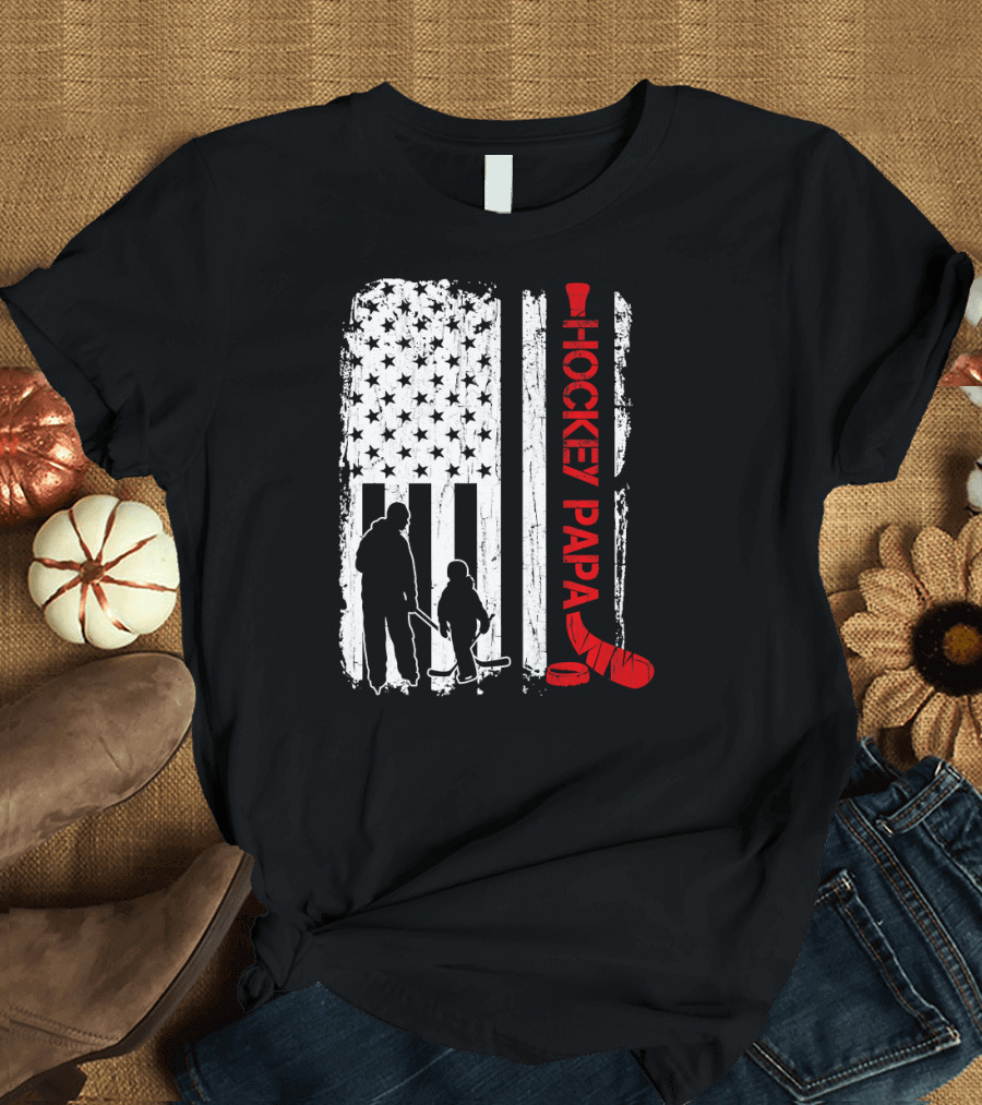 Hockey Papa American Flag Stick T-Shirt