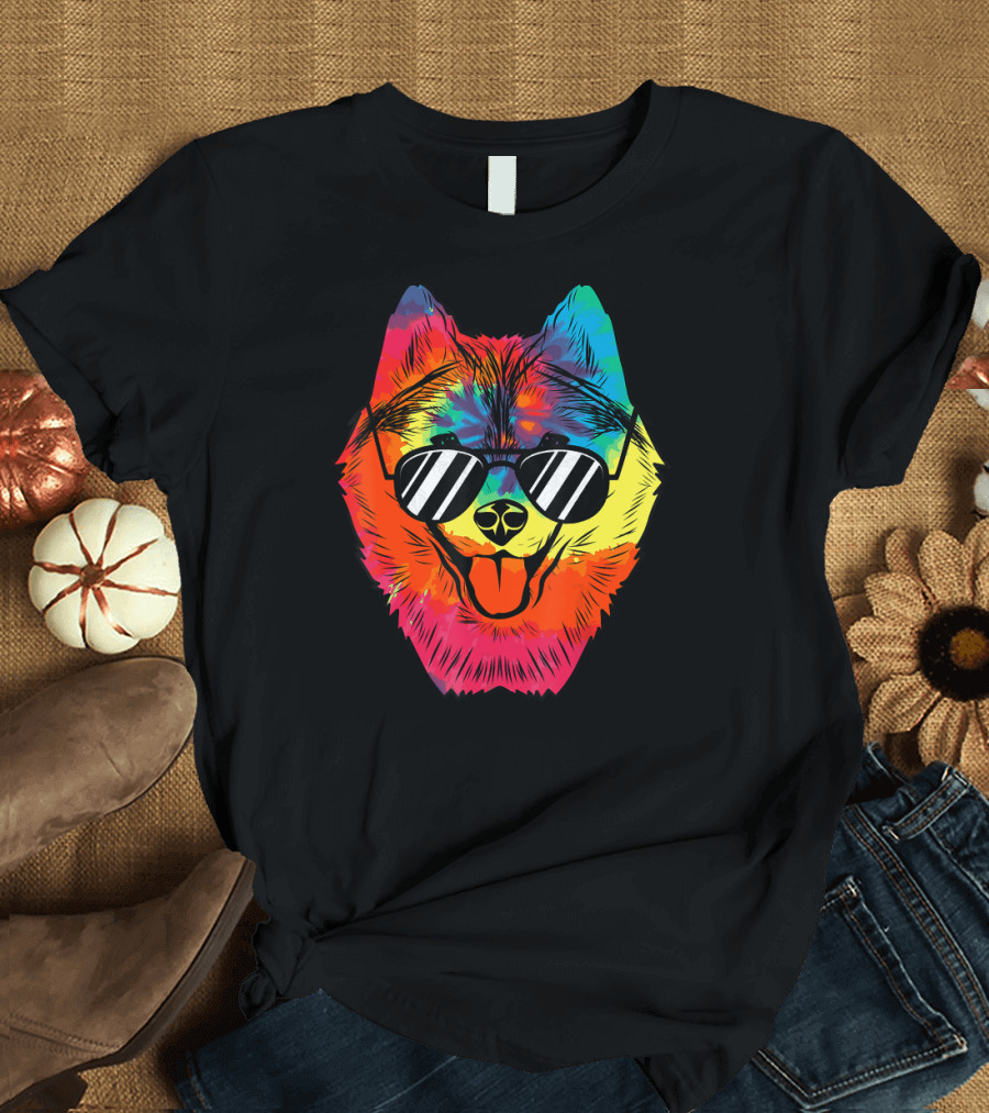 Husky Dog Tie Dye Hippie Husky Sunglasses Psychedelic Rainbow T-Shirt