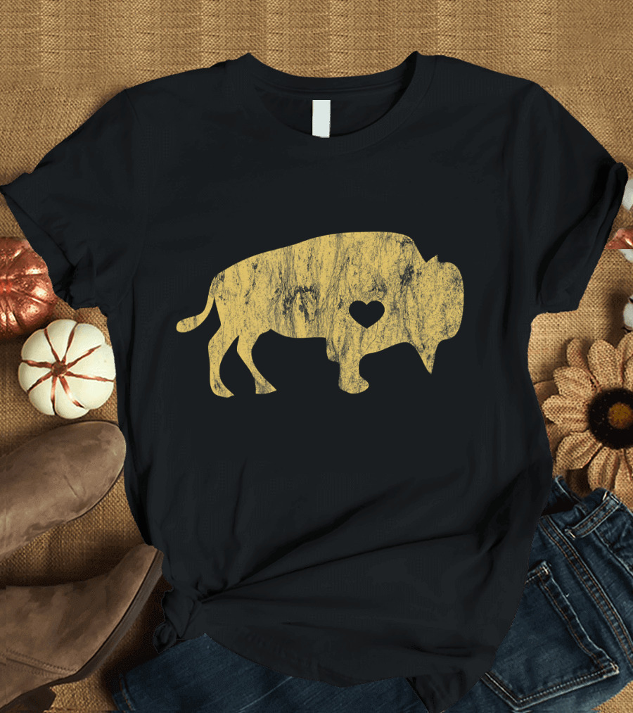 Golden Buffalo with Heart Silhouette for Bison Lover T-Shirt