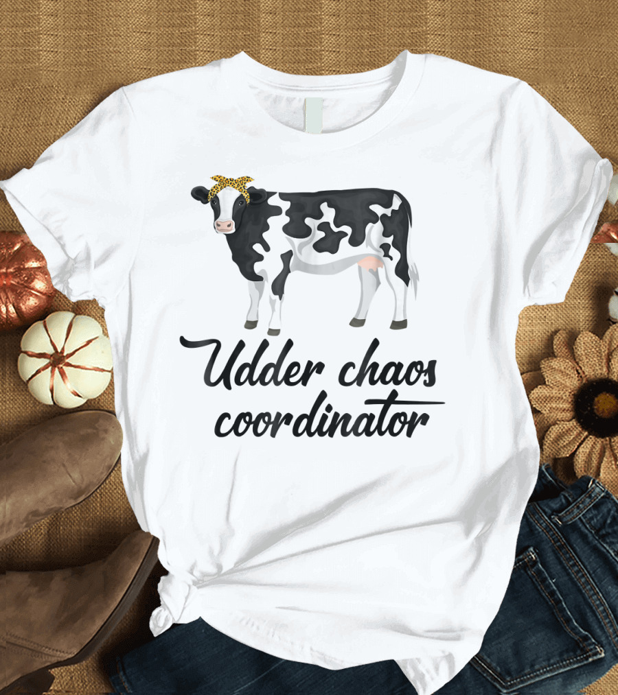 Udder Chaos Coordinator Funny Cow with Leopard Print Bandana T-Shirt