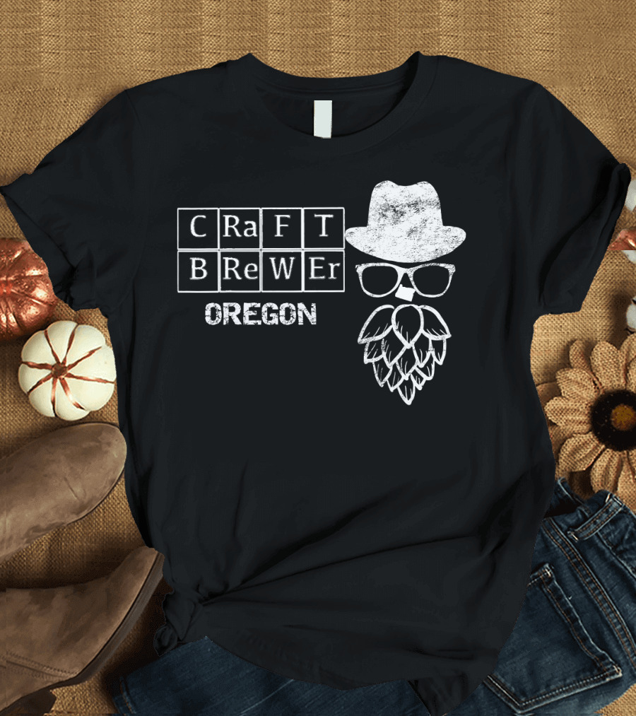 Oregon Craft Brewer Hops Beard Hat Glasses USA T-Shirt