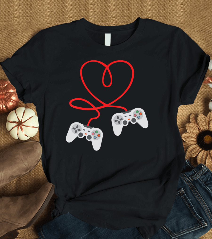 Video Gamer Valentine's Day Heart-Shaped Controller Cables T-Shirt