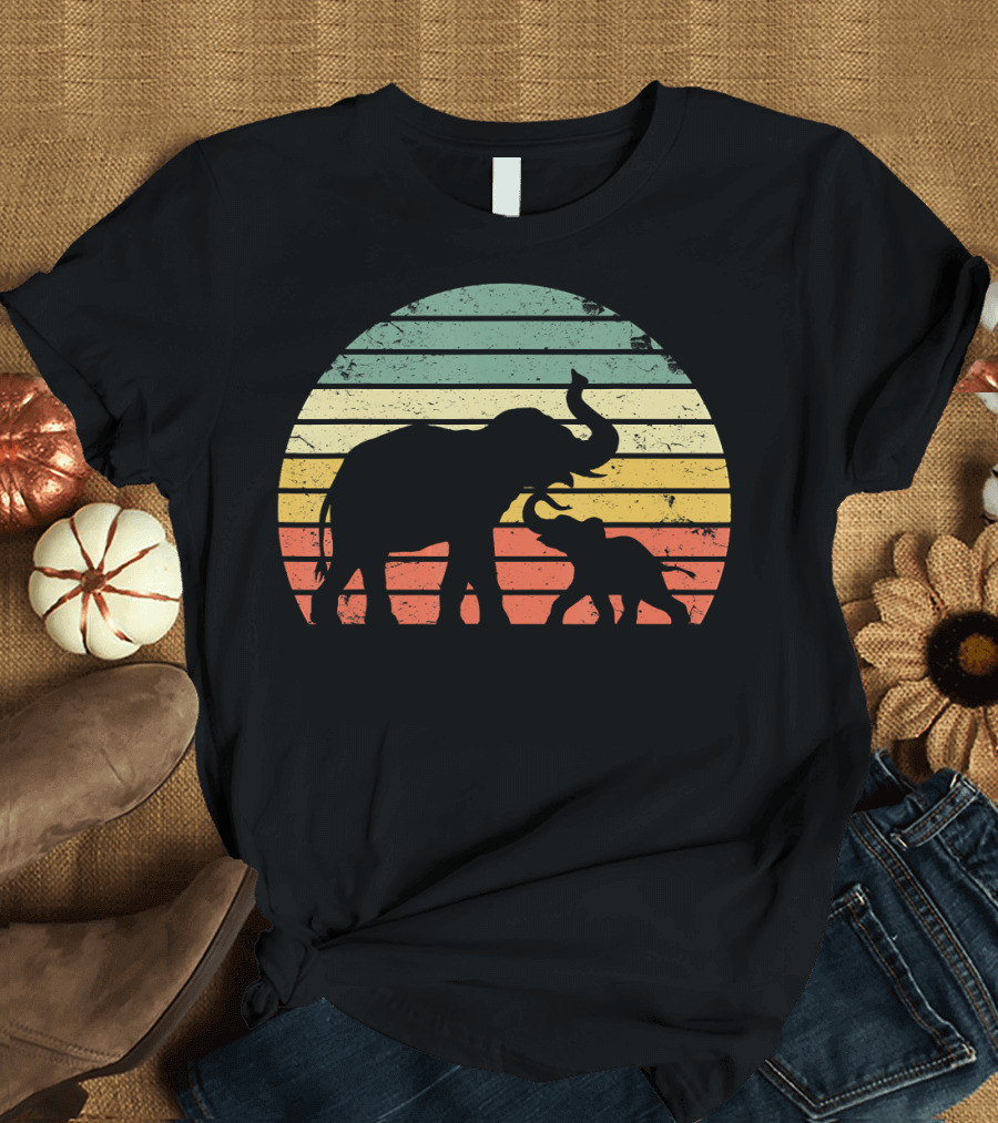Vintage Elephant Family Retro Sunset Stripes T-Shirt