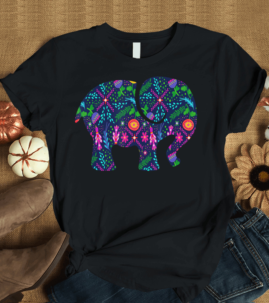 Vintage Retro Happy Elephant Floral Motif T-Shirt