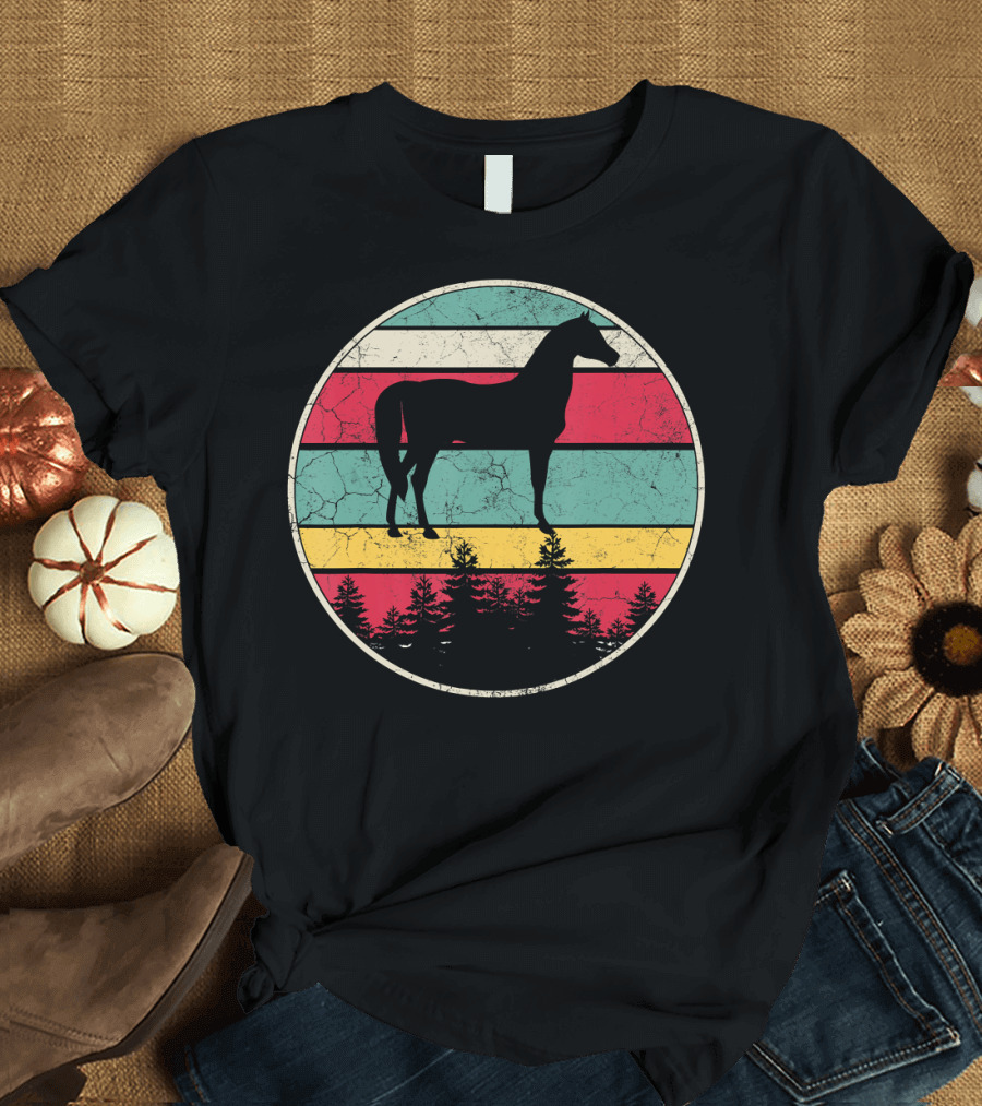 Vintage Retro Equestrian Horse Silhouette with Forest and Striped Circle T-Shirt